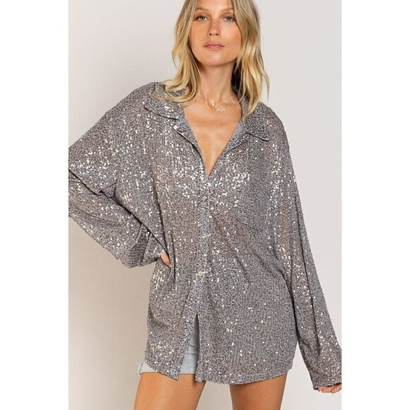 Life's a Party Sequin Button-Up Shirt in Grey - Picture 1 of 10